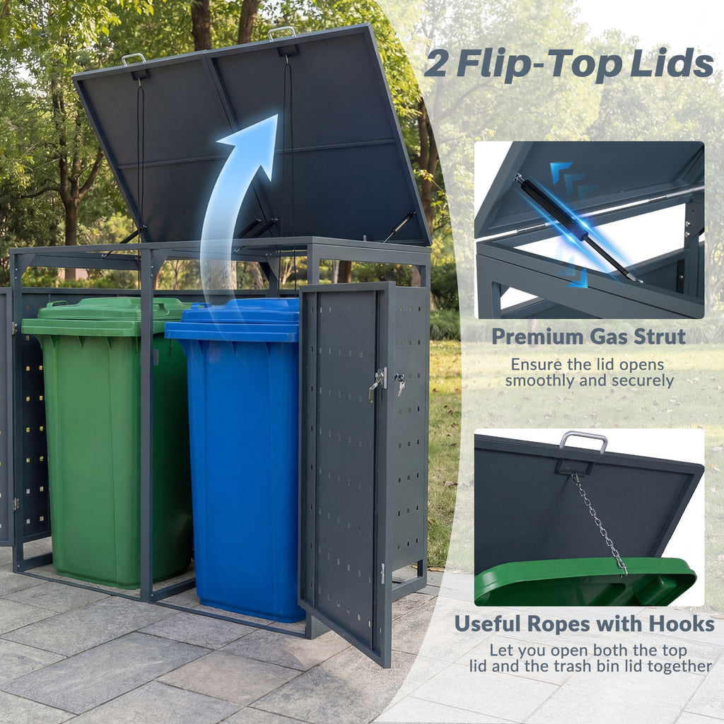 Metal Garbage Bin Storage Shed for 2 Trash Cans - Gray