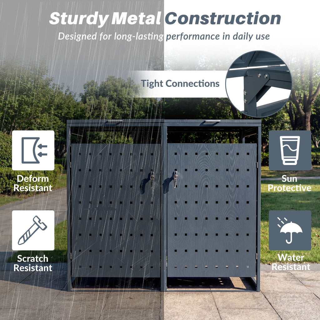Metal Garbage Bin Storage Shed for 2 Trash Cans - Gray