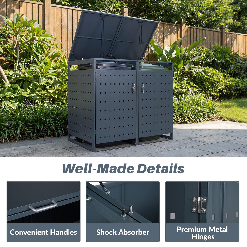 Metal Garbage Bin Storage Shed for 2 Trash Cans - Gray