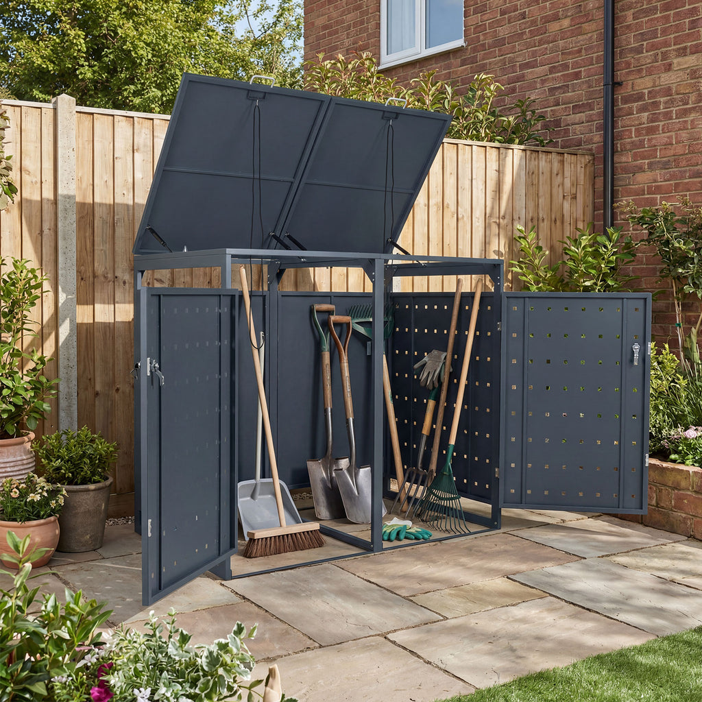 Metal Garbage Bin Storage Shed for 2 Trash Cans - Gray