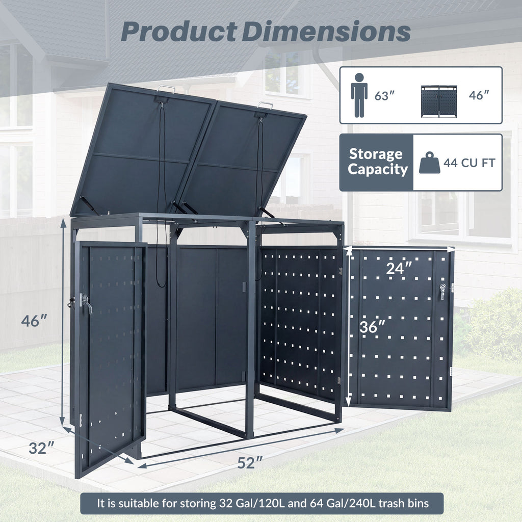 Metal Garbage Bin Storage Shed for 2 Trash Cans - Gray