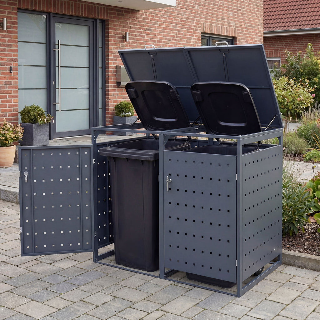 Metal Garbage Bin Storage Shed for 2 Trash Cans - Gray
