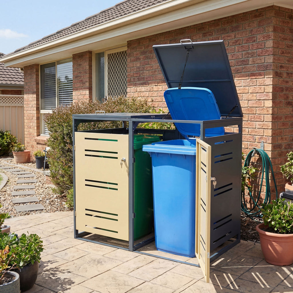 Outdoor Metal Garbage Bin Storage Shed for 2 Trash Cans - Yellow