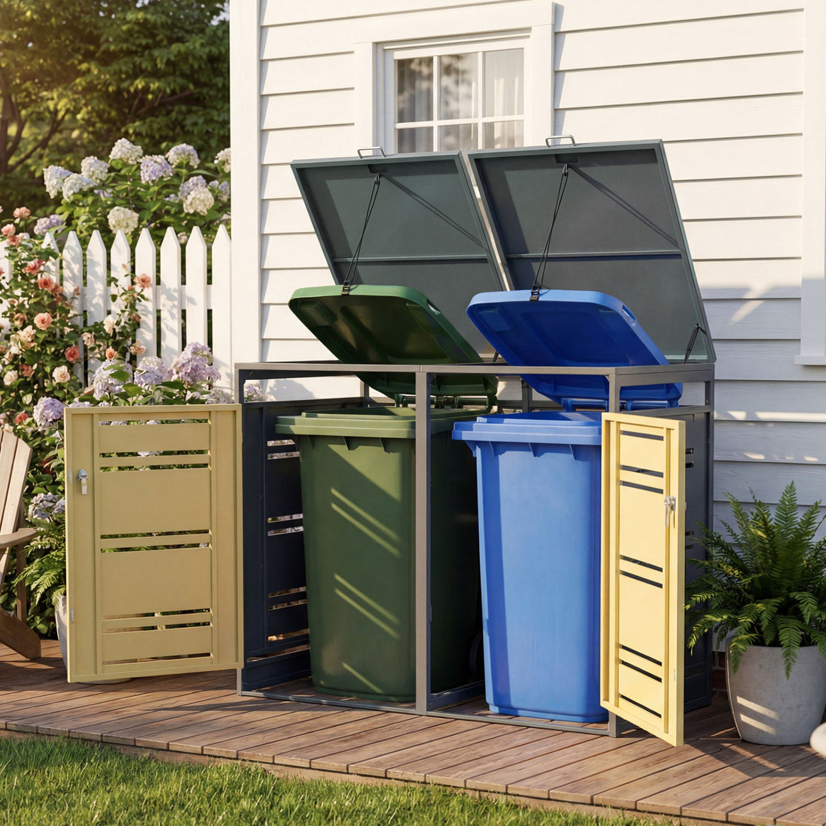 Outdoor Metal Garbage Bin Storage Shed for 2 Trash Cans - Yellow