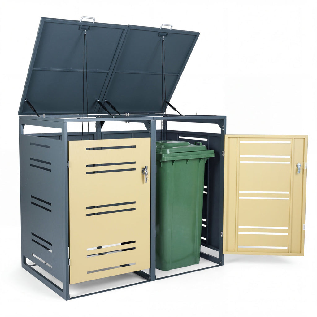 Outdoor Metal Garbage Bin Storage Shed for 2 Trash Cans - Yellow