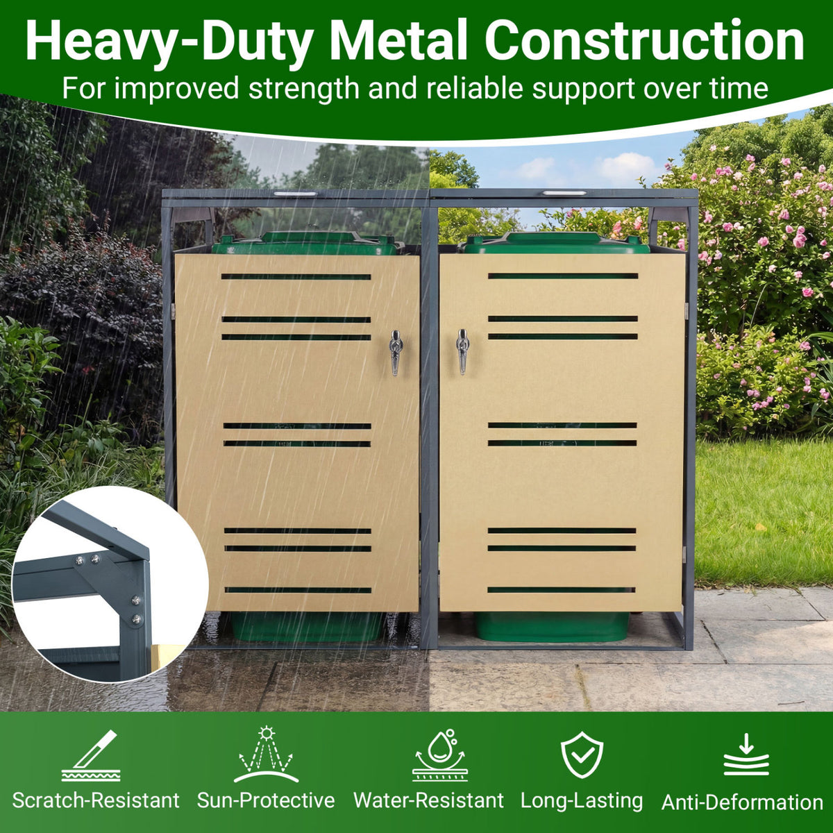 Outdoor Metal Garbage Bin Storage Shed for 2 Trash Cans - Yellow