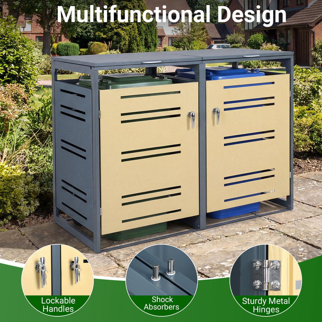 Outdoor Metal Garbage Bin Storage Shed for 2 Trash Cans - Yellow