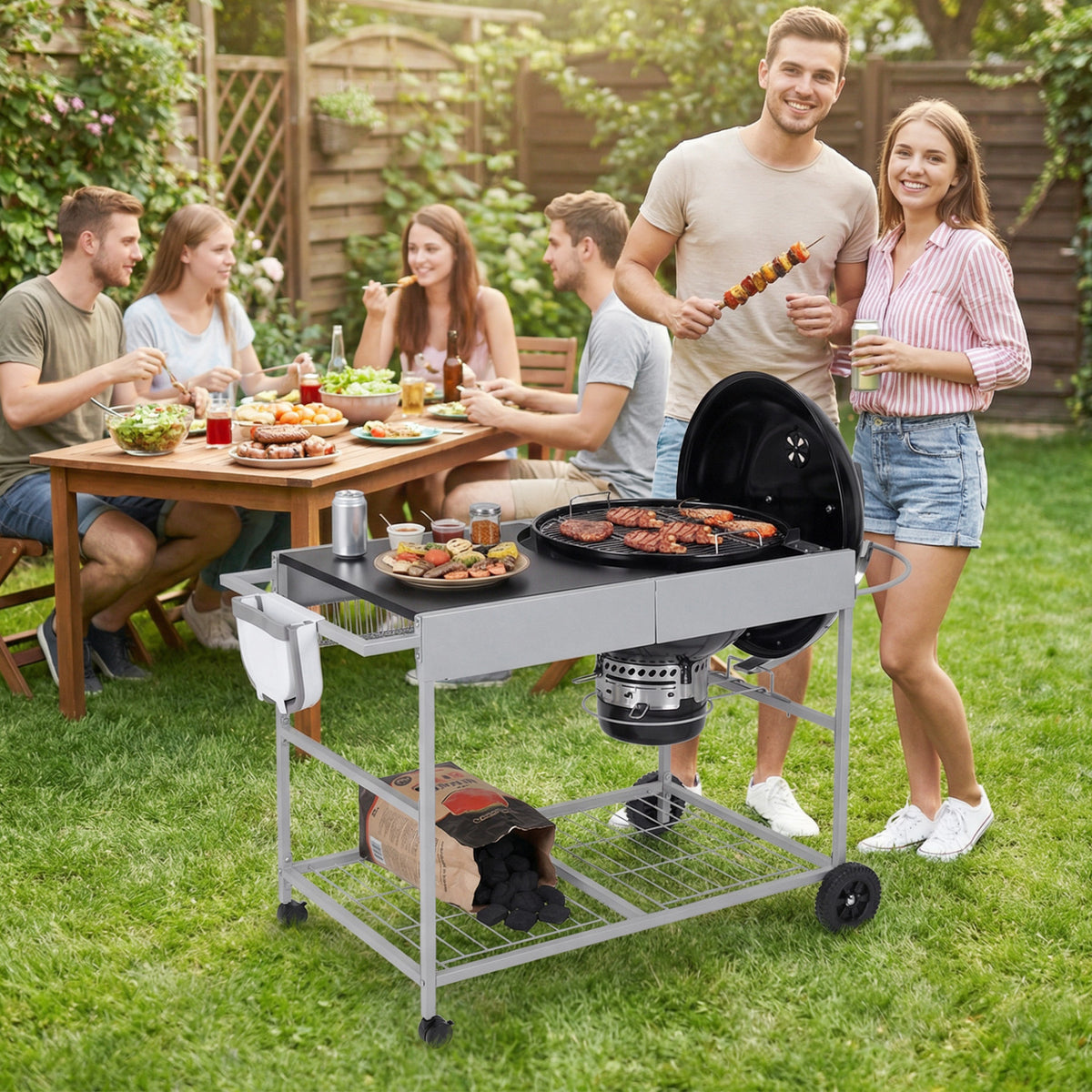 Grill Cart for 18-22 Inch Kettle Grills with Lid Holder - Black