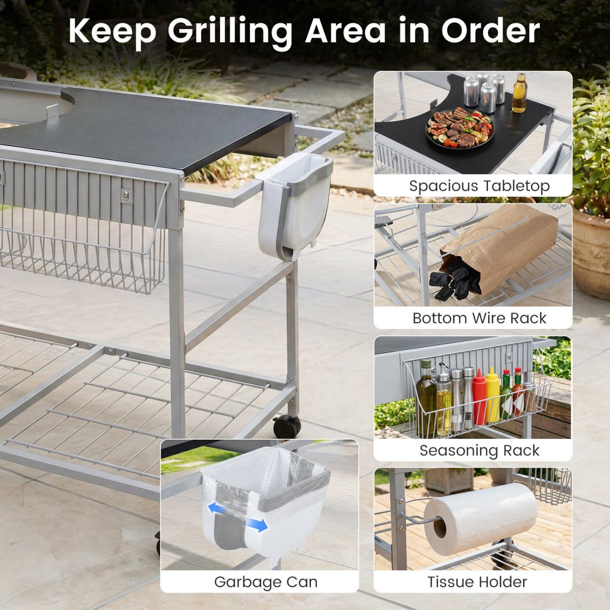 Grill Cart for 18-22 Inch Kettle Grills with Lid Holder - Black