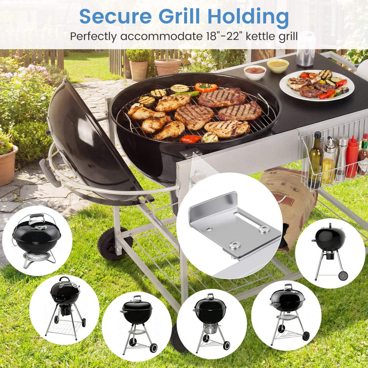 Grill Cart for 18-22 Inch Kettle Grills with Lid Holder - Black