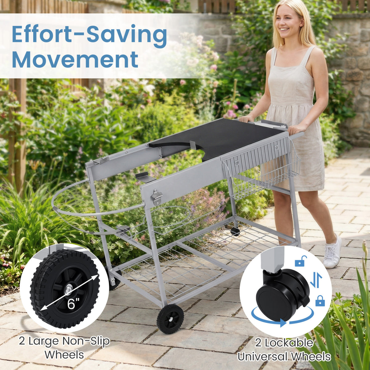 Grill Cart for 18-22 Inch Kettle Grills with Lid Holder - Black