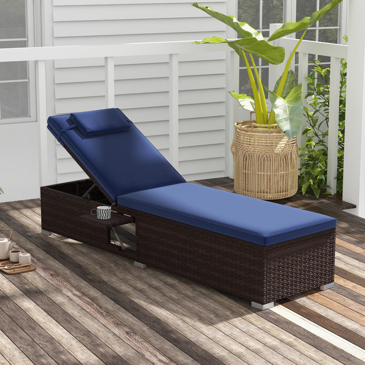 Outdoor PE Rattan Chaise Lounge with 6-Position Adjustable Backrest