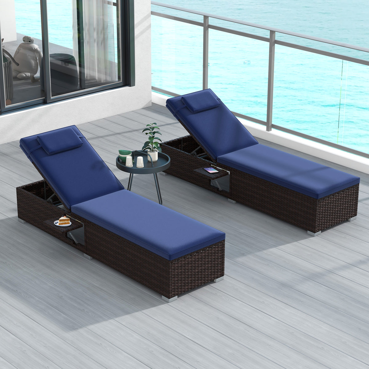 Outdoor PE Rattan Chaise Lounge with 6-Position Adjustable Backrest