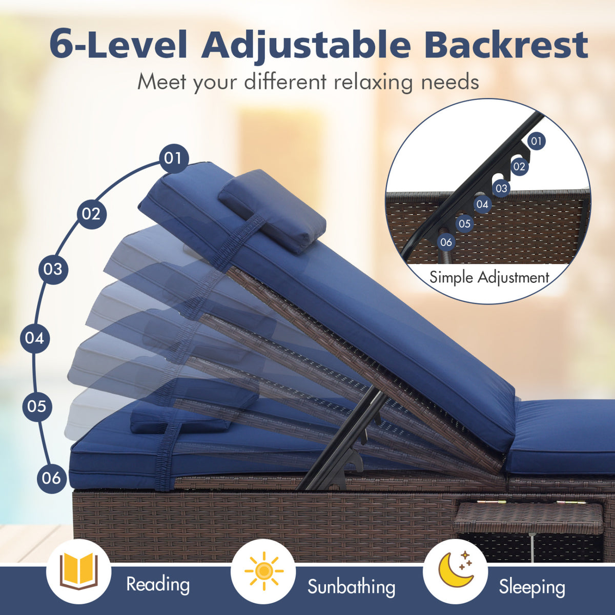 Outdoor PE Rattan Chaise Lounge with 6-Position Adjustable Backrest