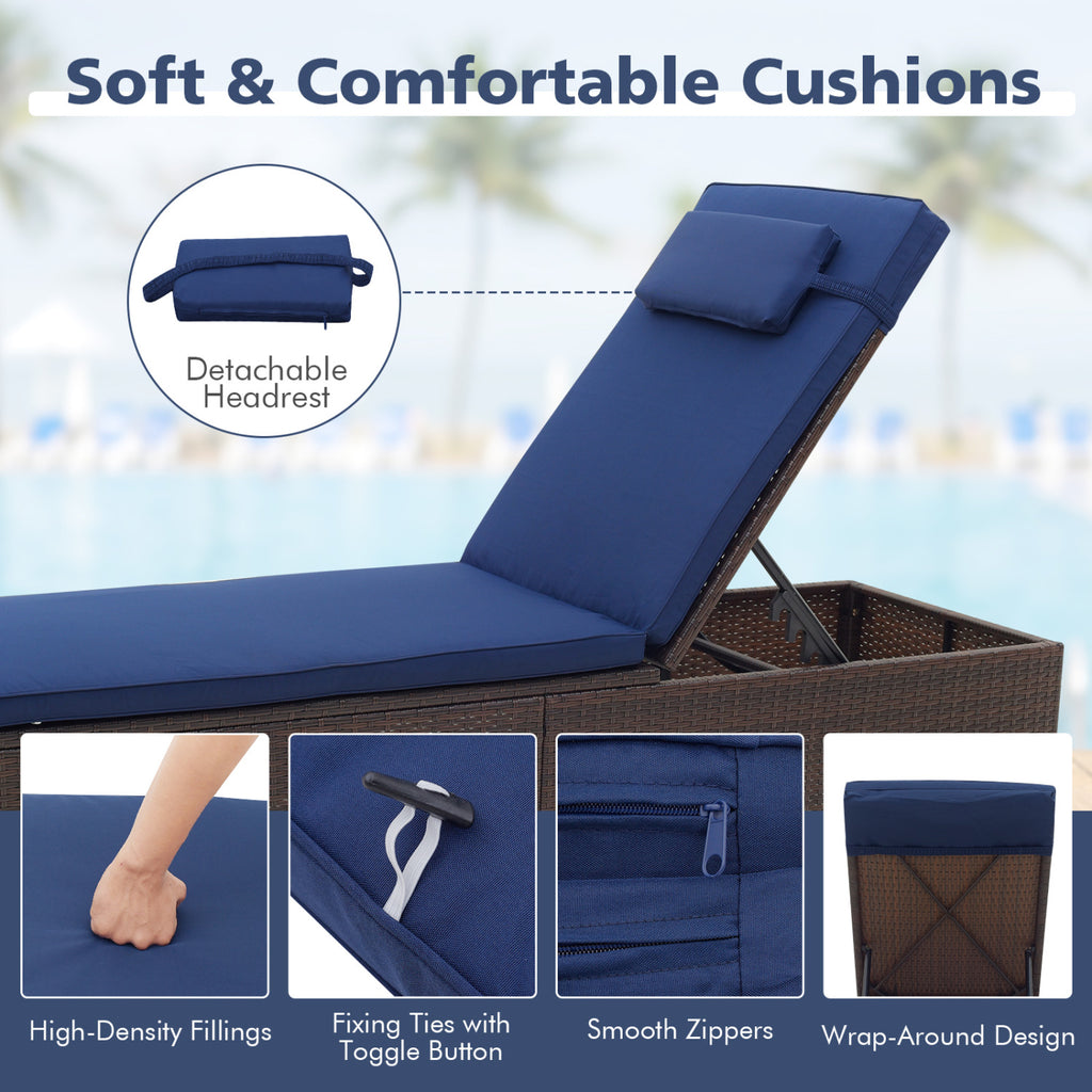 Outdoor PE Rattan Chaise Lounge with 6-Position Adjustable Backrest