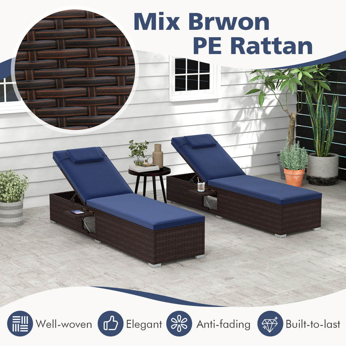 Outdoor PE Rattan Chaise Lounge with 6-Position Adjustable Backrest