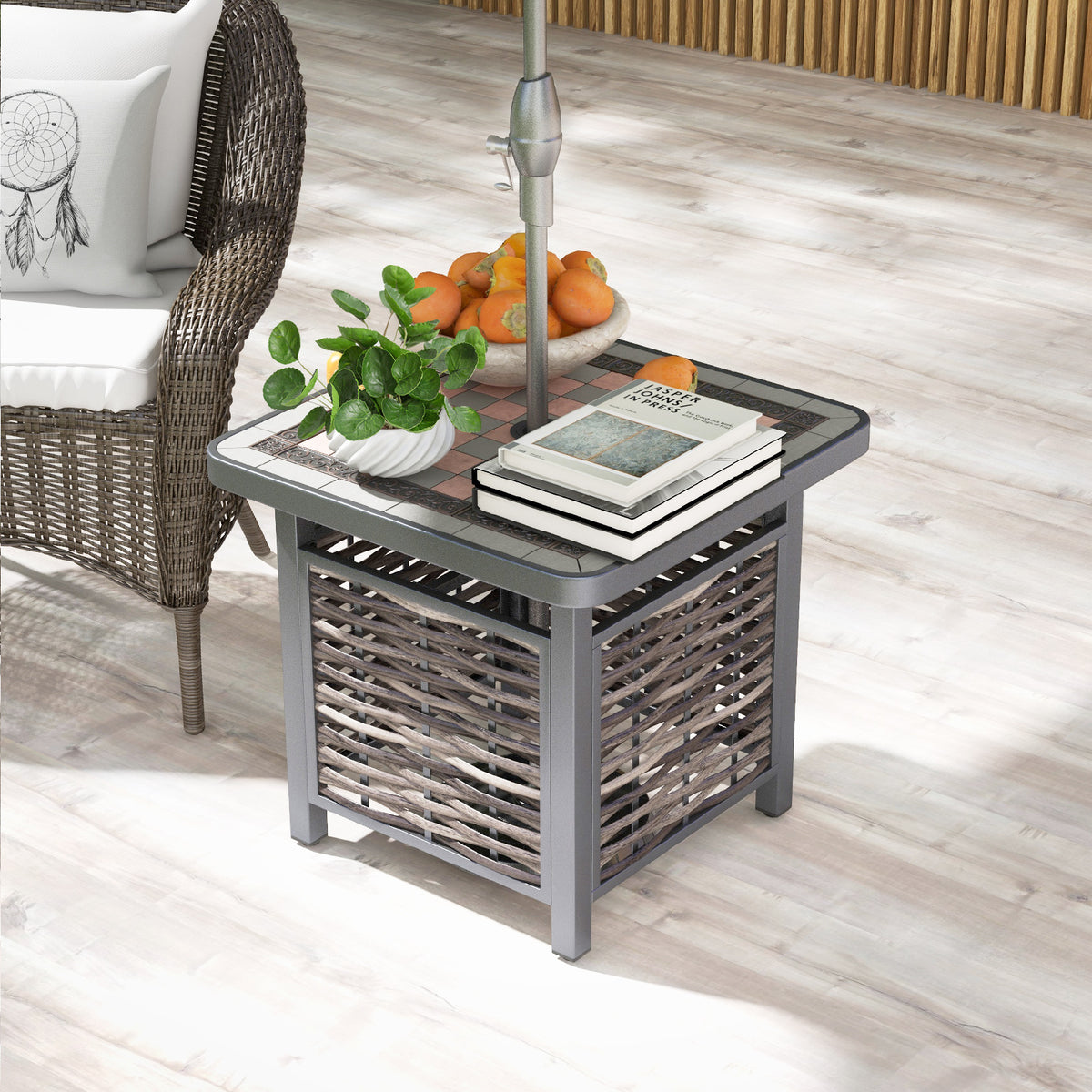 21.5 Inches Outdoor PE Rattan Side Table Square End with Umbrella Hole