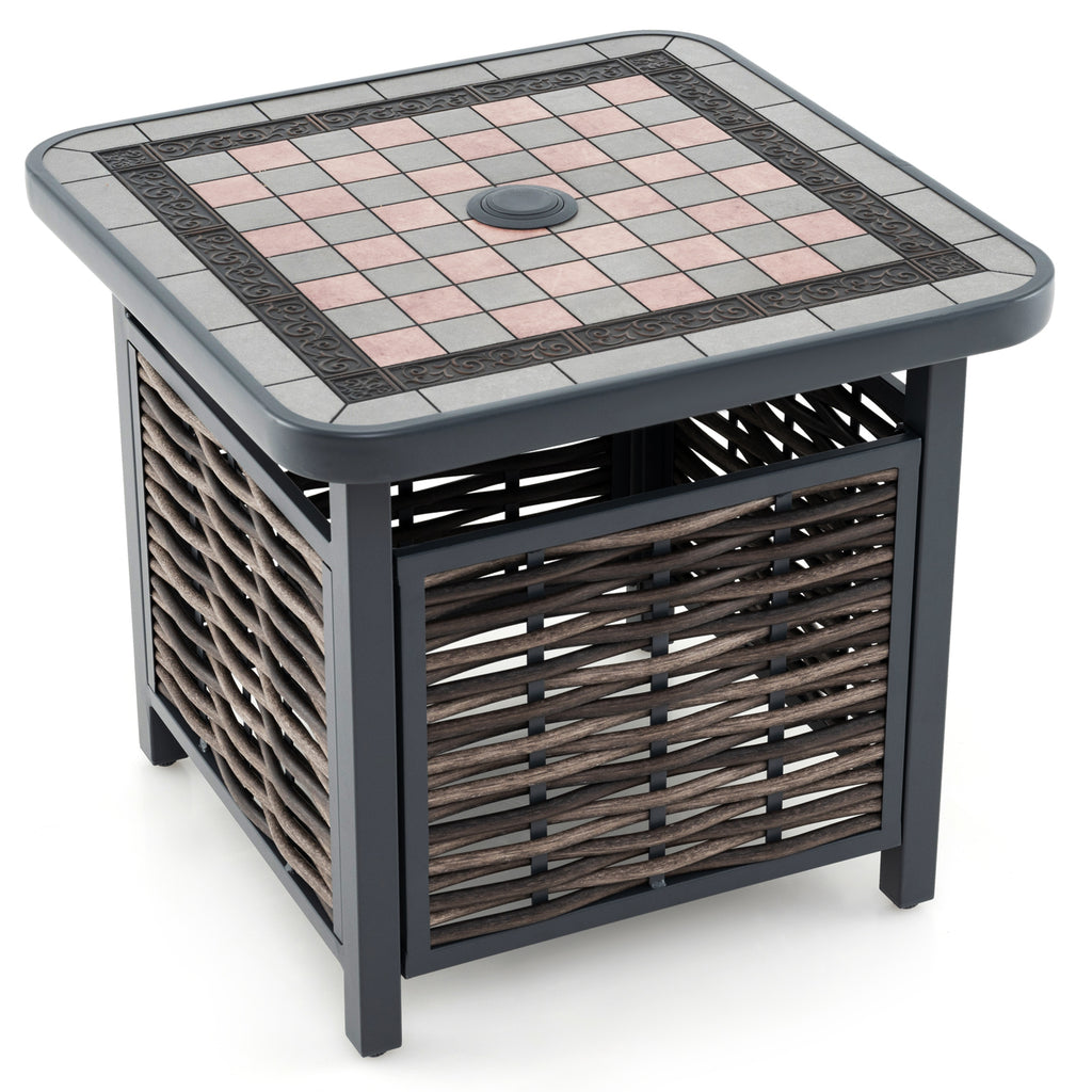 Outdoor Side Table with Umbrella Hole and Storage Shelf
