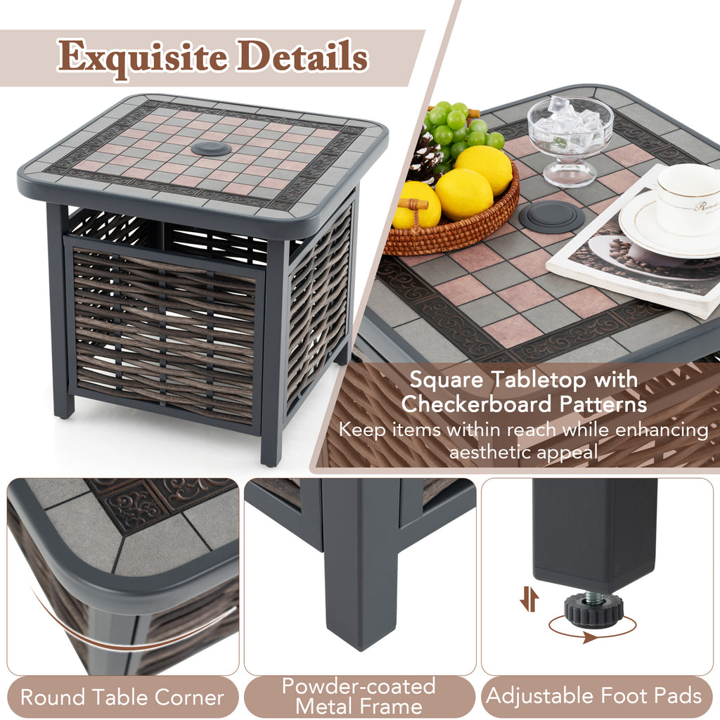 21.5 Inches Outdoor PE Rattan Side Table Square End with Umbrella Hole