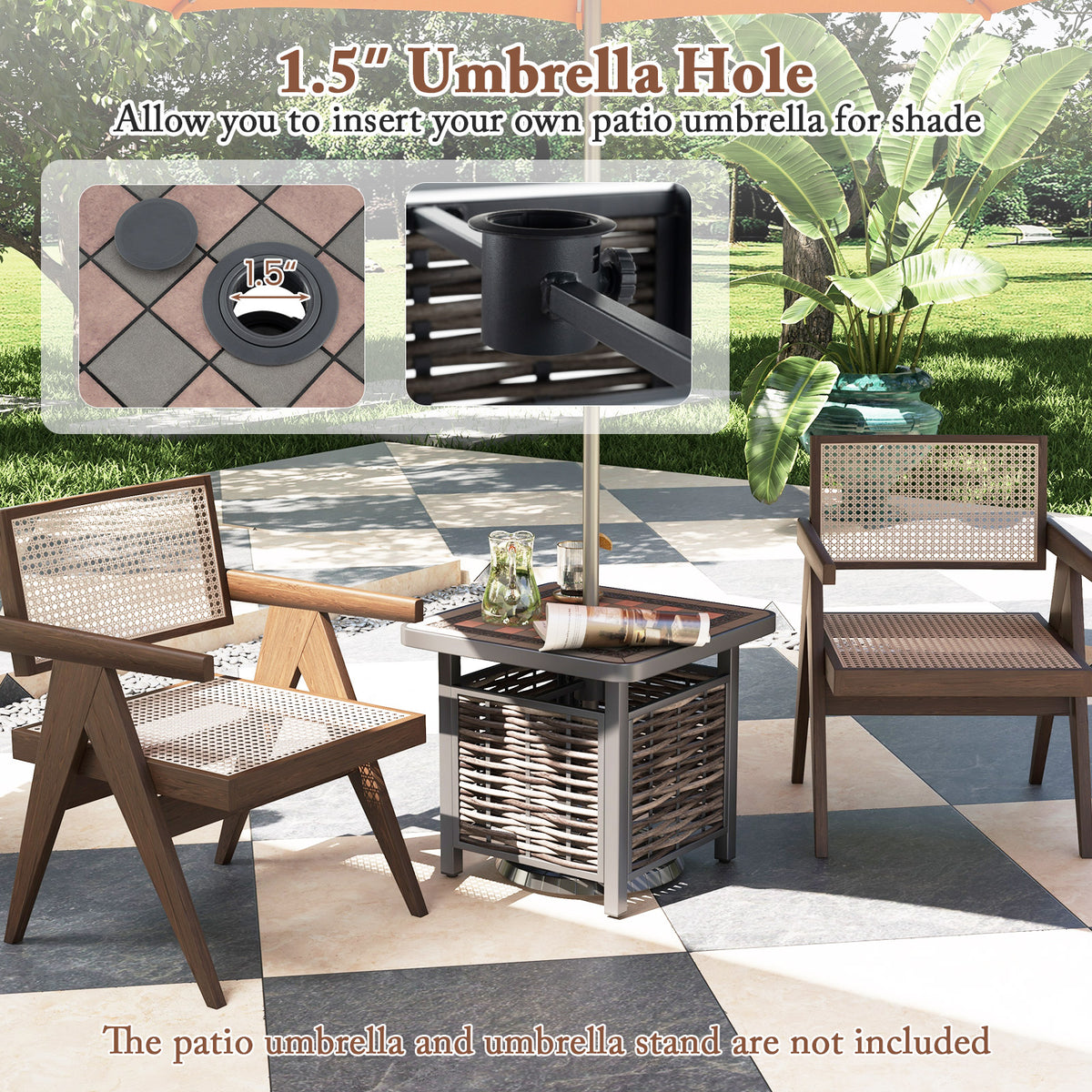 21.5 Inches Outdoor PE Rattan Side Table Square End with Umbrella Hole