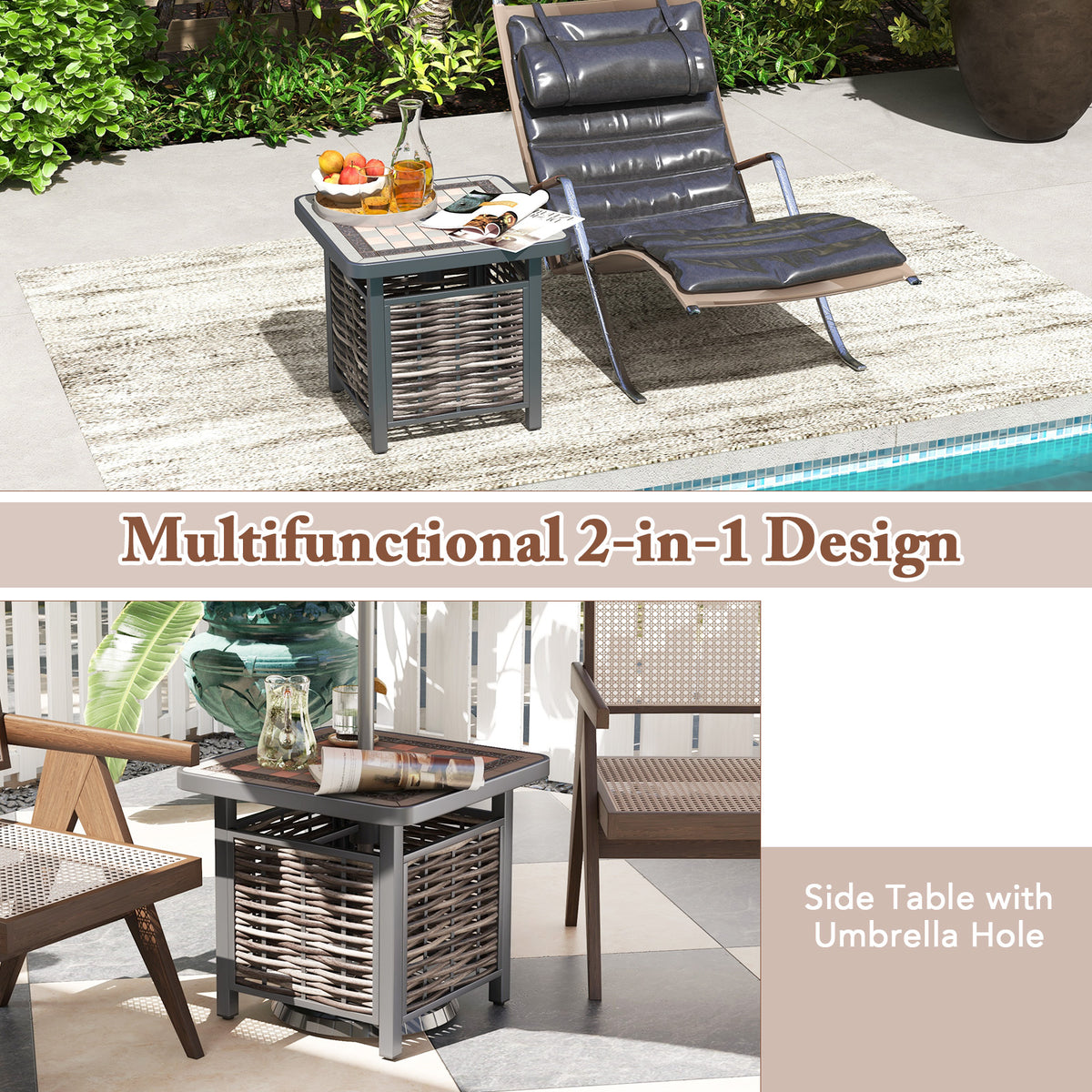 21.5 Inches Outdoor PE Rattan Side Table Square End with Umbrella Hole