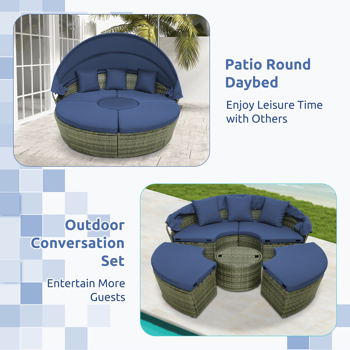 Outdoor PE Wicker Round Daybed with Retractable Canopy and Cushions