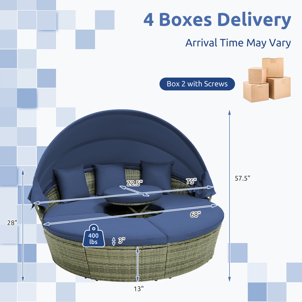 Outdoor PE Wicker Round Daybed with Retractable Canopy and Cushions