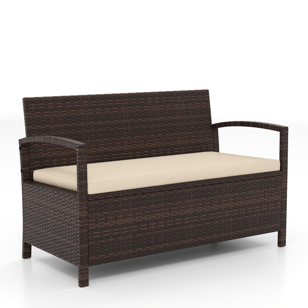 Outdoor PE Wicker Storage Bench 2 Seater with Cushion and 42 Gallon