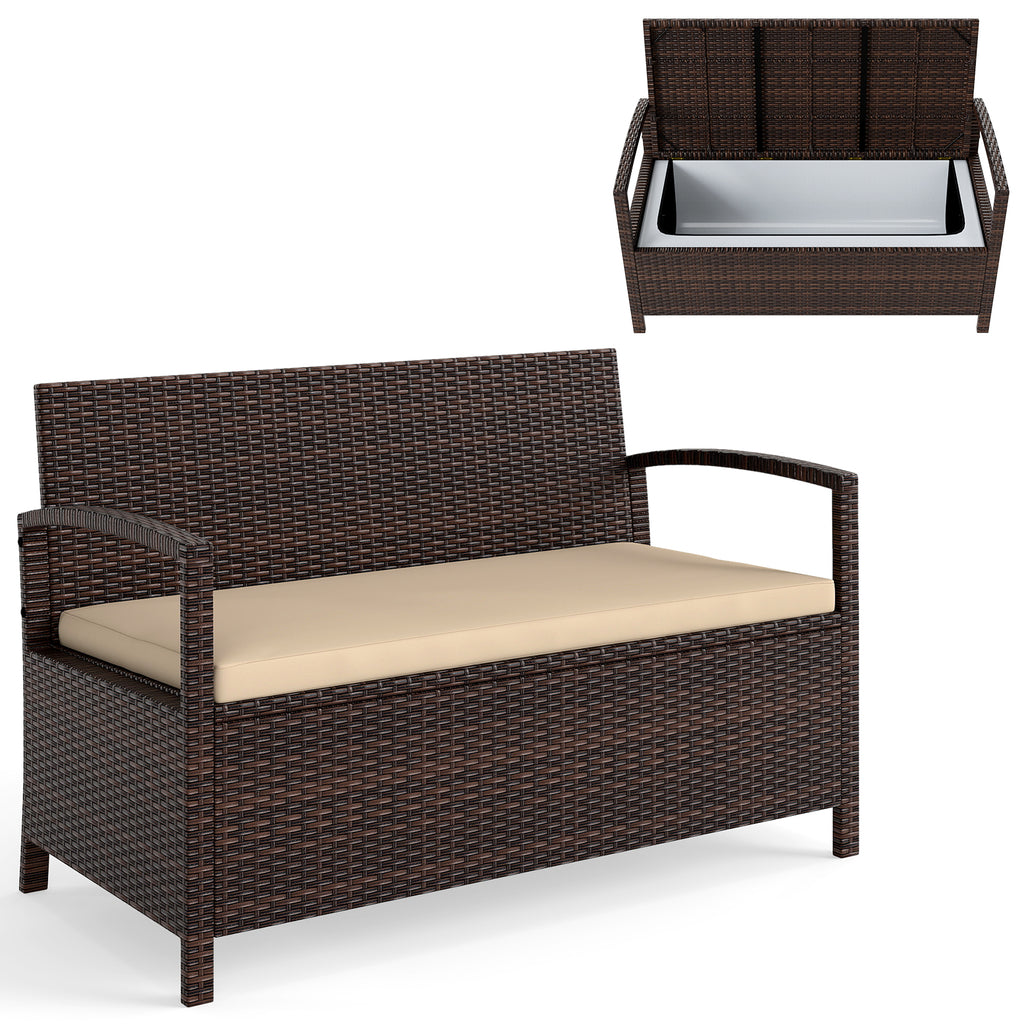 Outdoor PE Wicker Storage Bench 2 Seater with Cushion and 42 Gallon