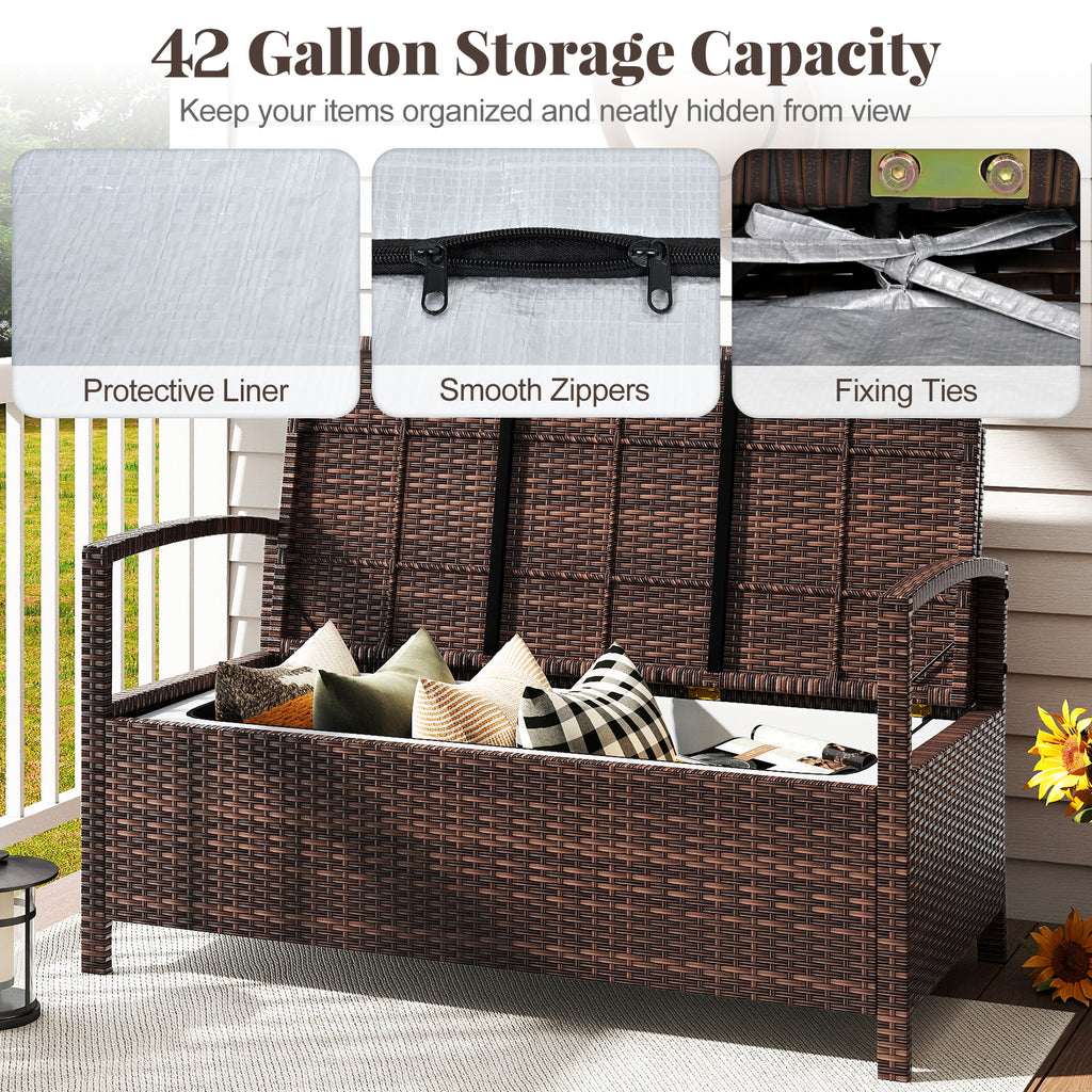 Outdoor PE Wicker Storage Bench 2 Seater with Cushion and 42 Gallon