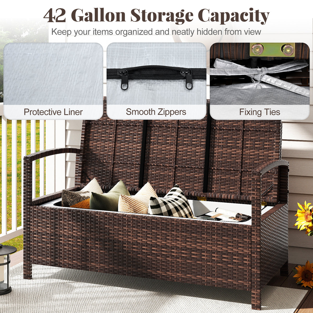 Outdoor PE Wicker Storage Bench 2 Seater with Cushion and 42 Gallon
