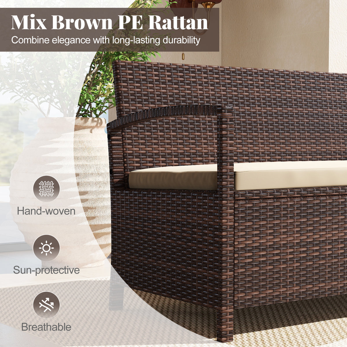 Outdoor PE Wicker Storage Bench 2 Seater with Cushion and 42 Gallon