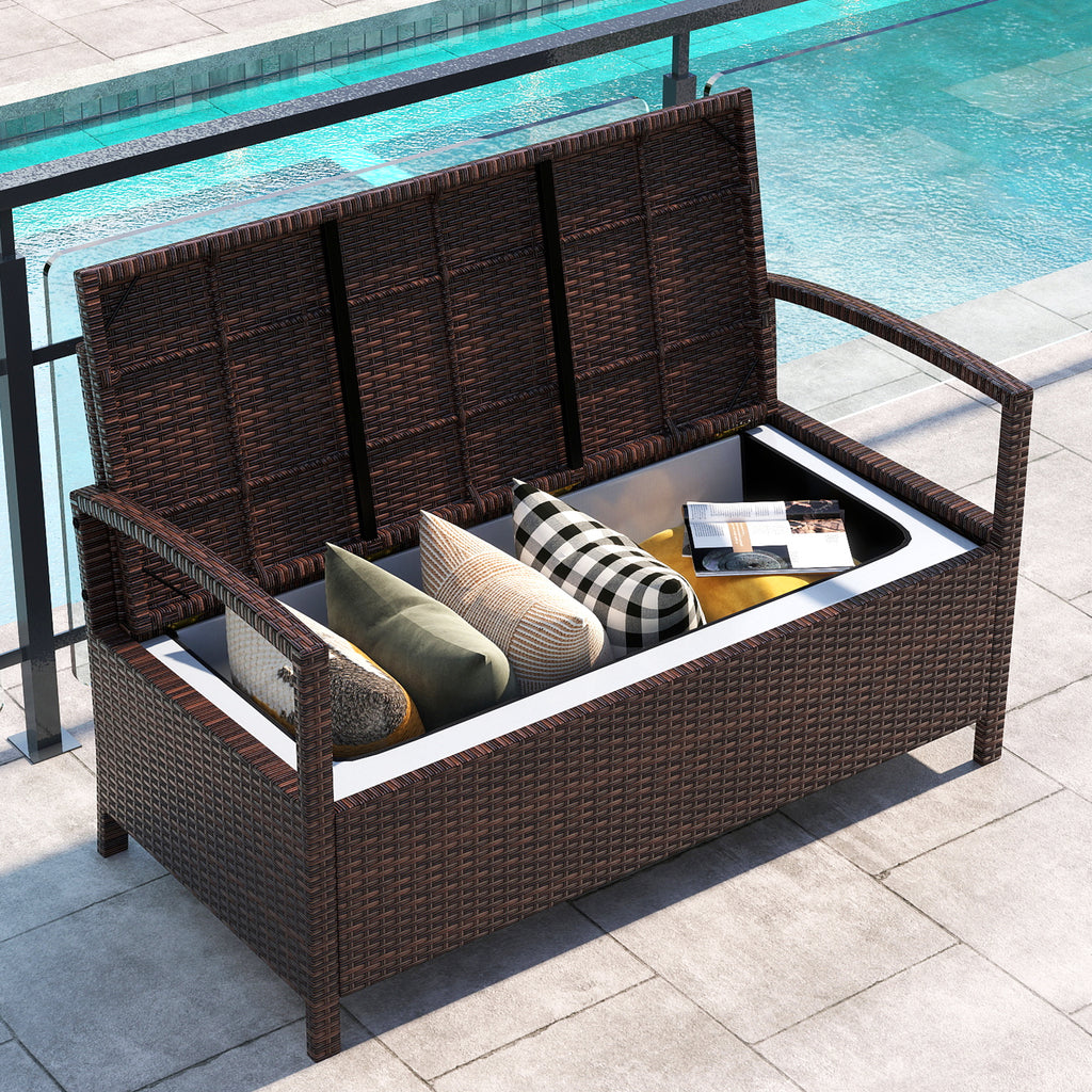 Outdoor PE Wicker Storage Bench 2 Seater with Cushion and 42 Gallon