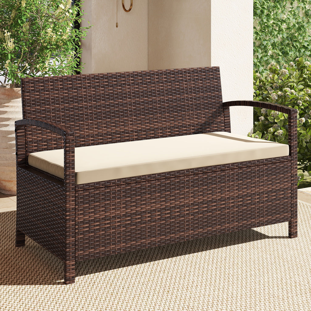 Outdoor PE Wicker Storage Bench 2 Seater with Cushion and 42 Gallon