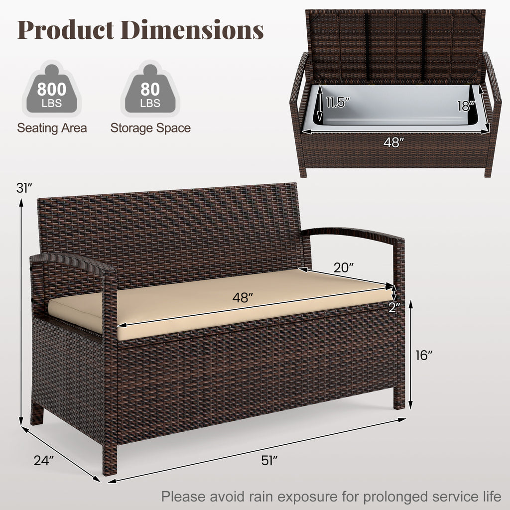 Outdoor PE Wicker Storage Bench 2 Seater with Cushion and 42 Gallon