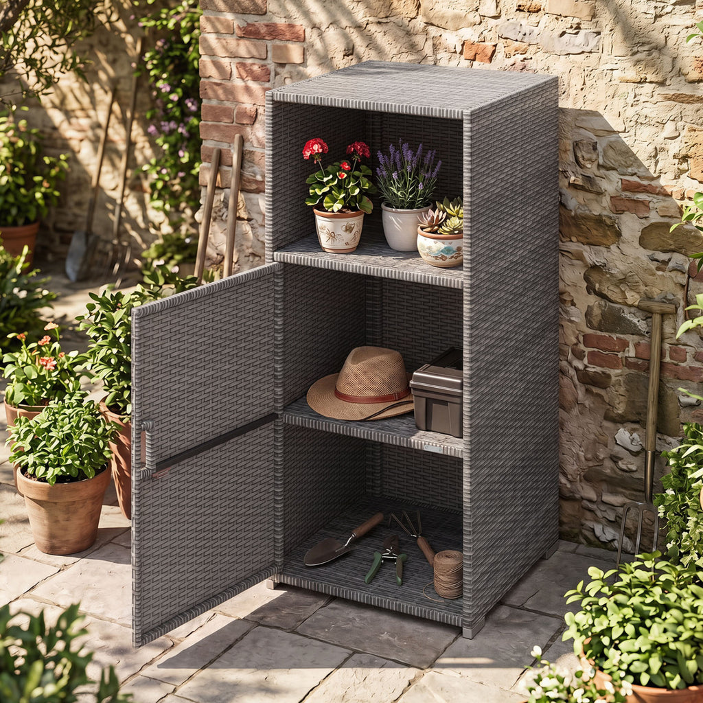 Outdoor PE Wicker Storage Cabinet with Door and Open Compartment for