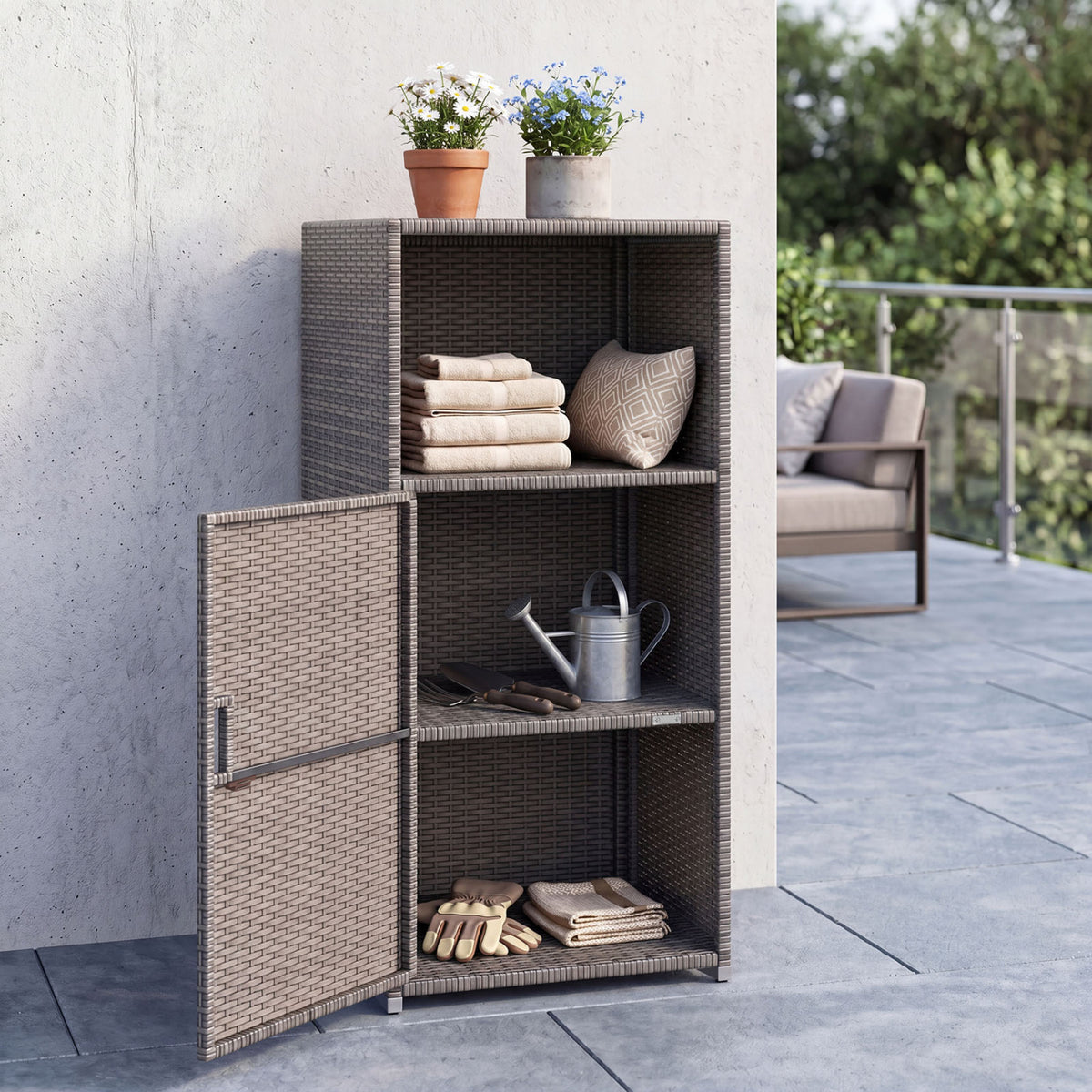 Outdoor PE Wicker Storage Cabinet with Door and Open Compartment for