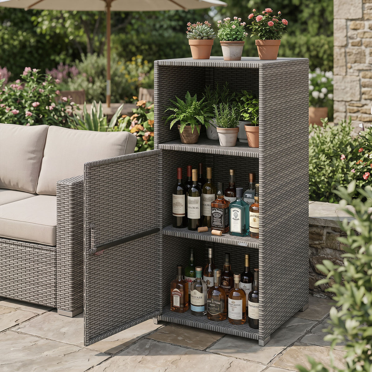 Outdoor PE Wicker Storage Cabinet with Door and Open Compartment for