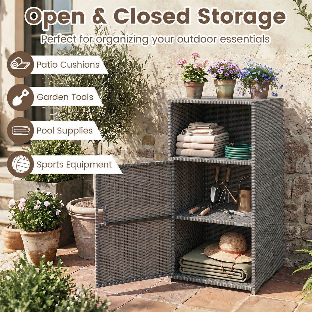 Outdoor PE Wicker Storage Cabinet with Door and Open Compartment for