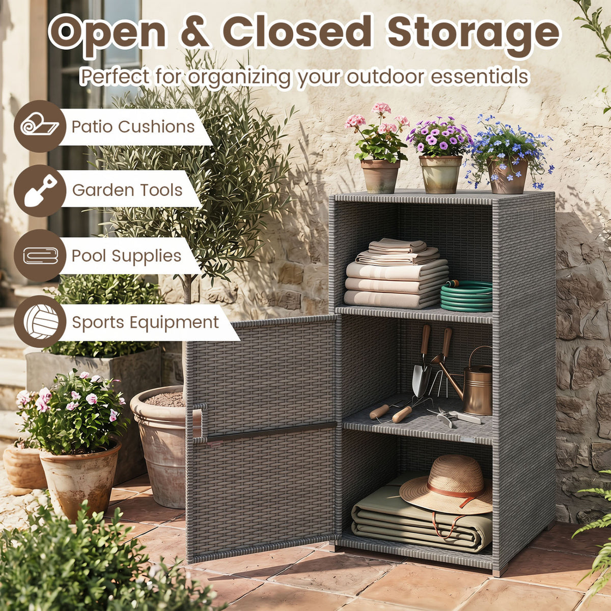 Outdoor PE Wicker Storage Cabinet with Door and Open Compartment for