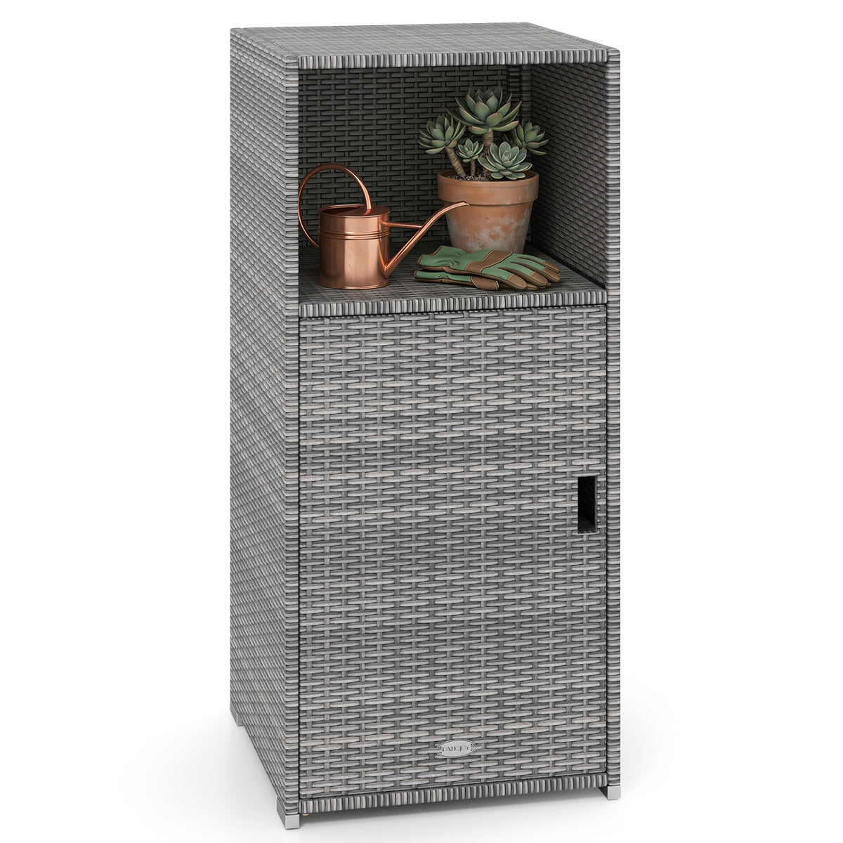 Outdoor PE Wicker Storage Cabinet with Door and Open Compartment for
