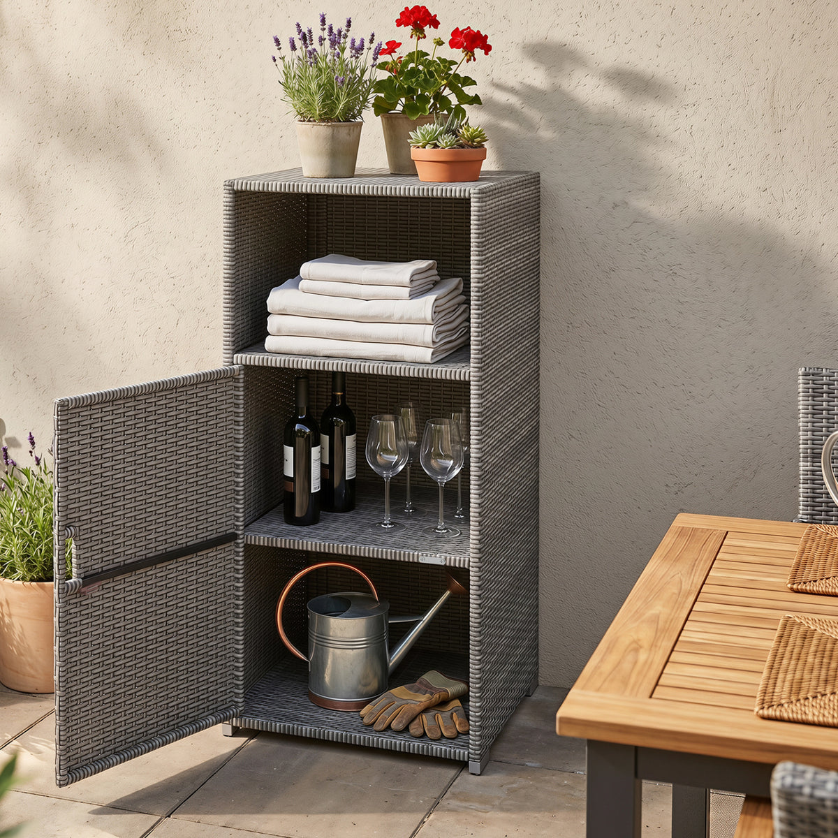 Outdoor PE Wicker Storage Cabinet with Door and Open Compartment for