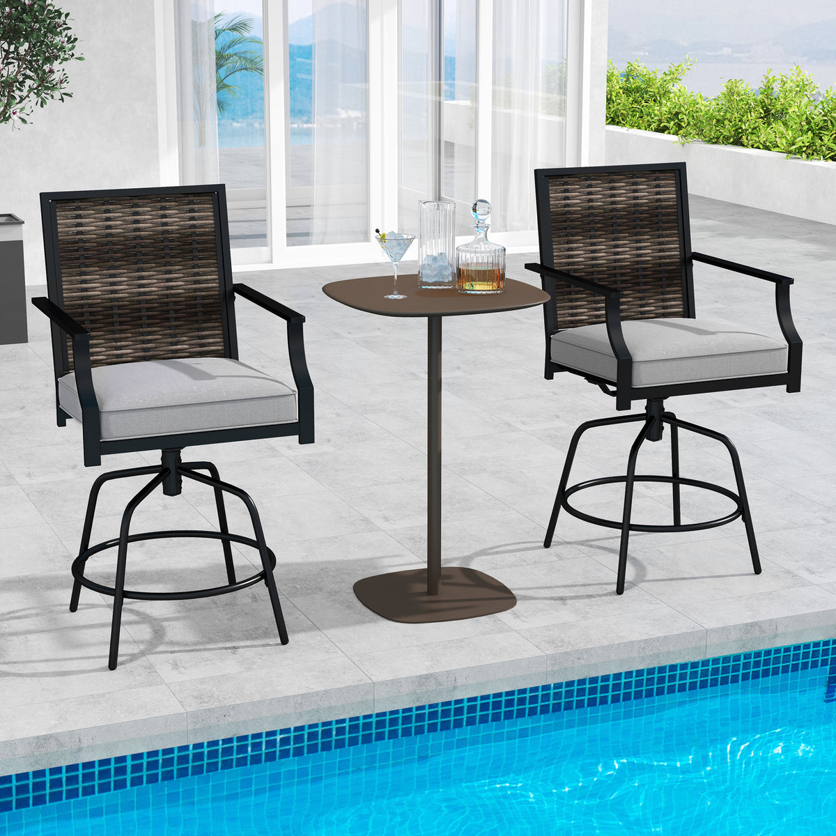 Outdoor PE Wicker Swivel Bar Stools Set of 2 Counter Height Patio