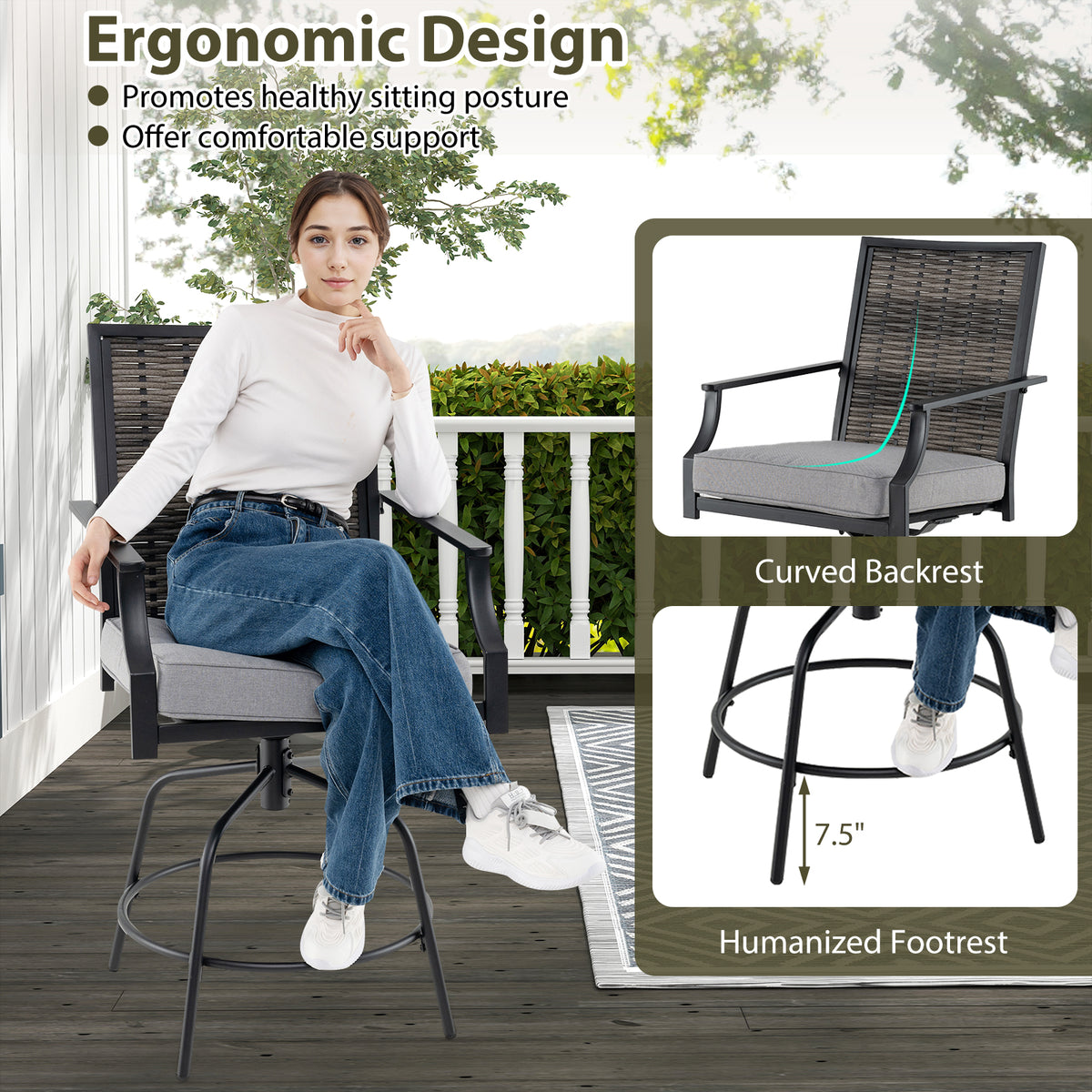 Outdoor PE Wicker Swivel Bar Stools Set of 2 Counter Height Patio