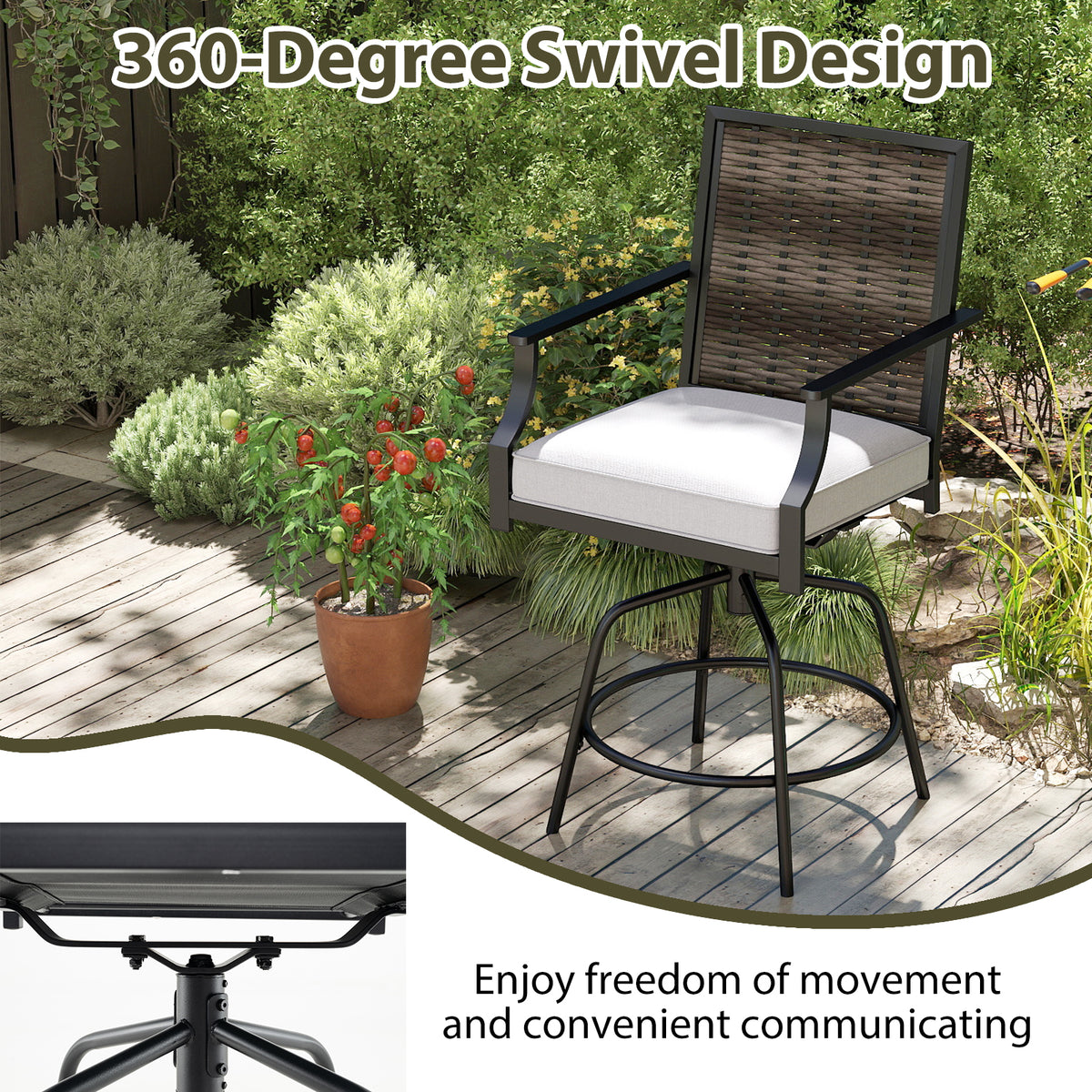 Outdoor PE Wicker Swivel Bar Stools Set of 2 Counter Height Patio