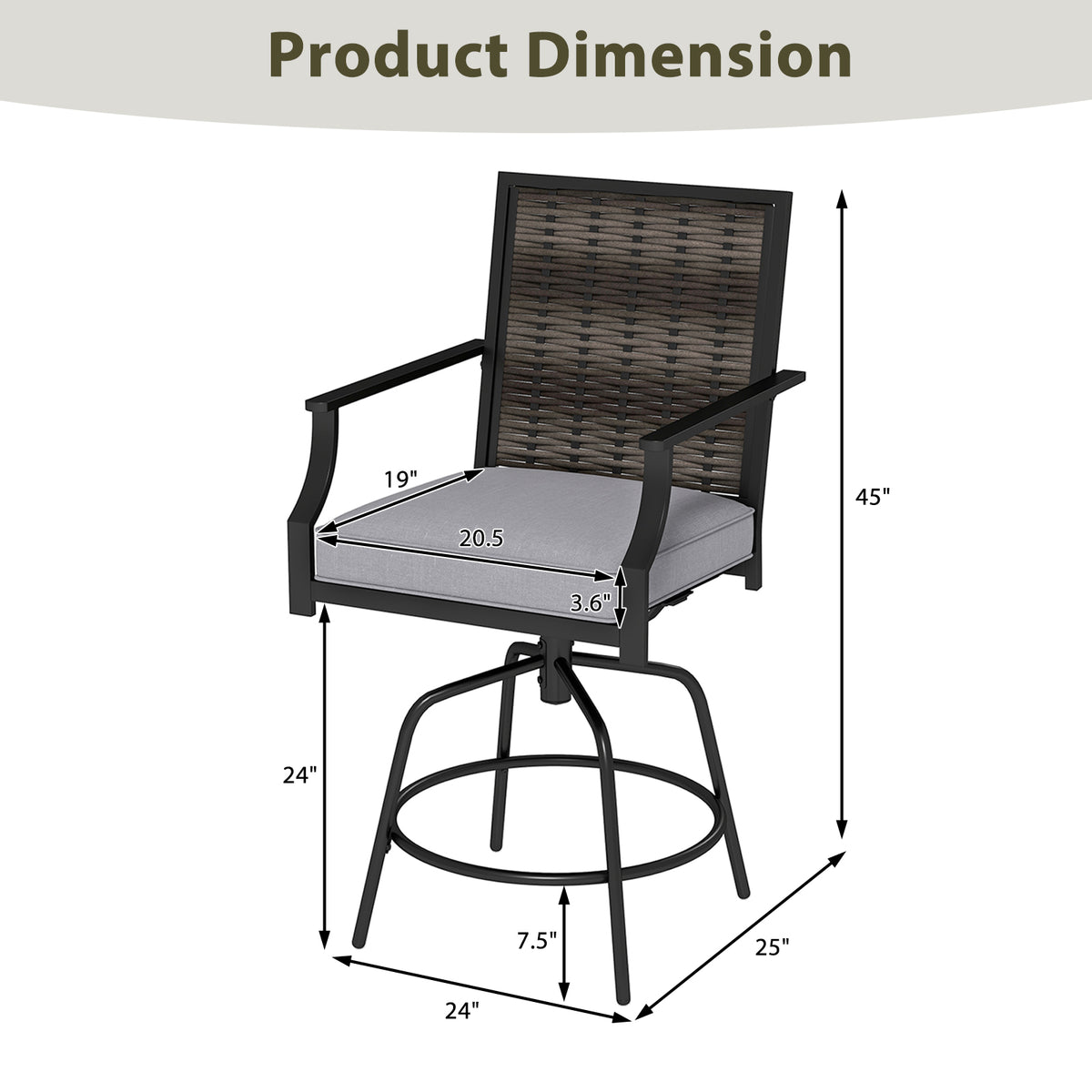 Outdoor PE Wicker Swivel Bar Stools Set of 2 Counter Height Patio