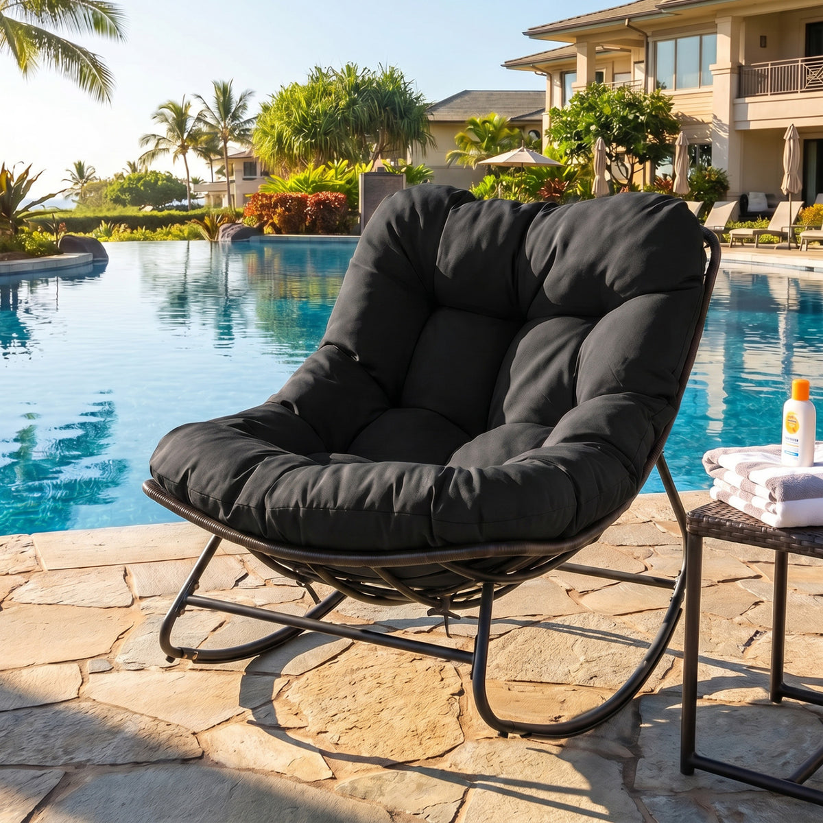 Outdoor Papasan Rocking Chair with Thick Cushion and Pads