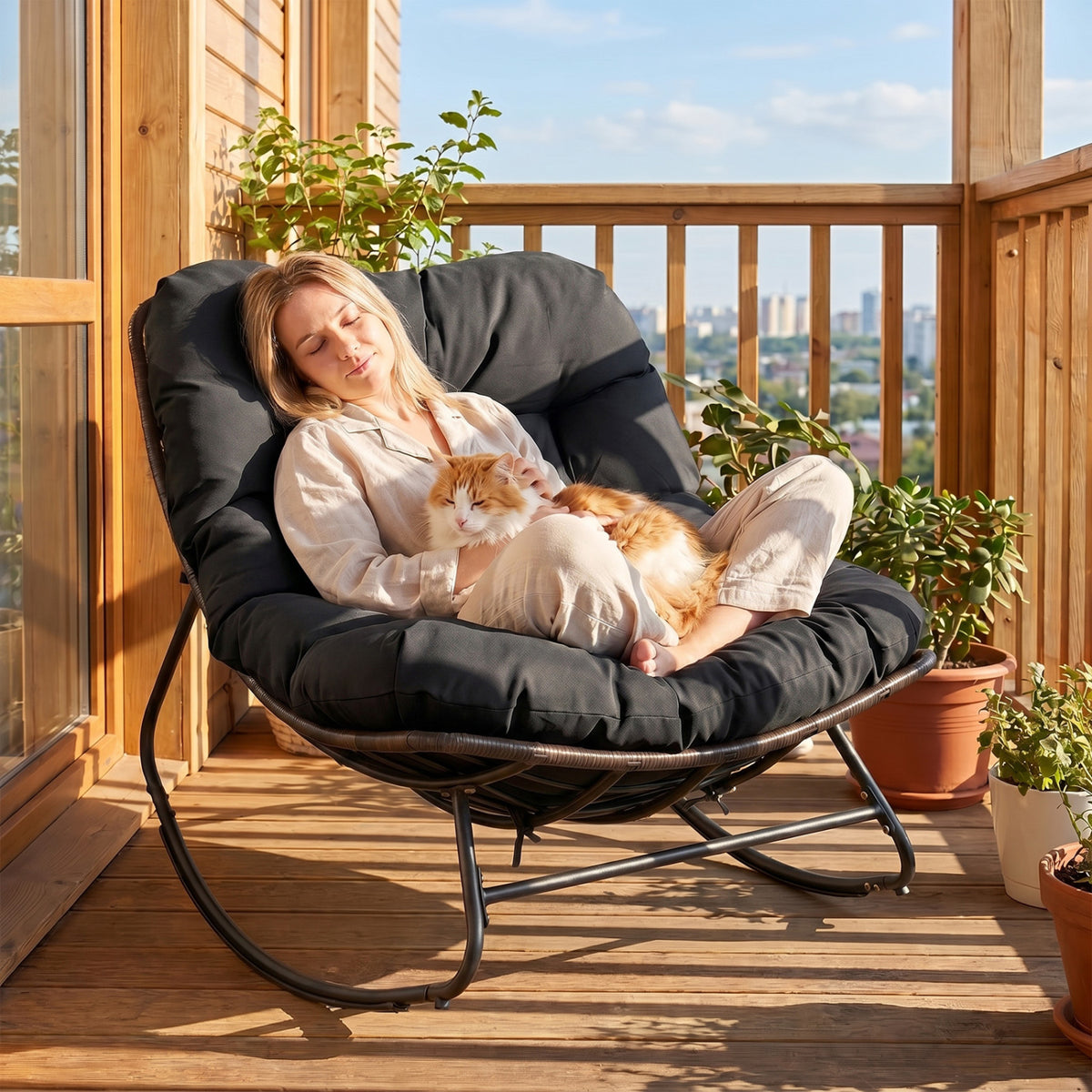 Outdoor Papasan Rocking Chair with Thick Cushion and Pads