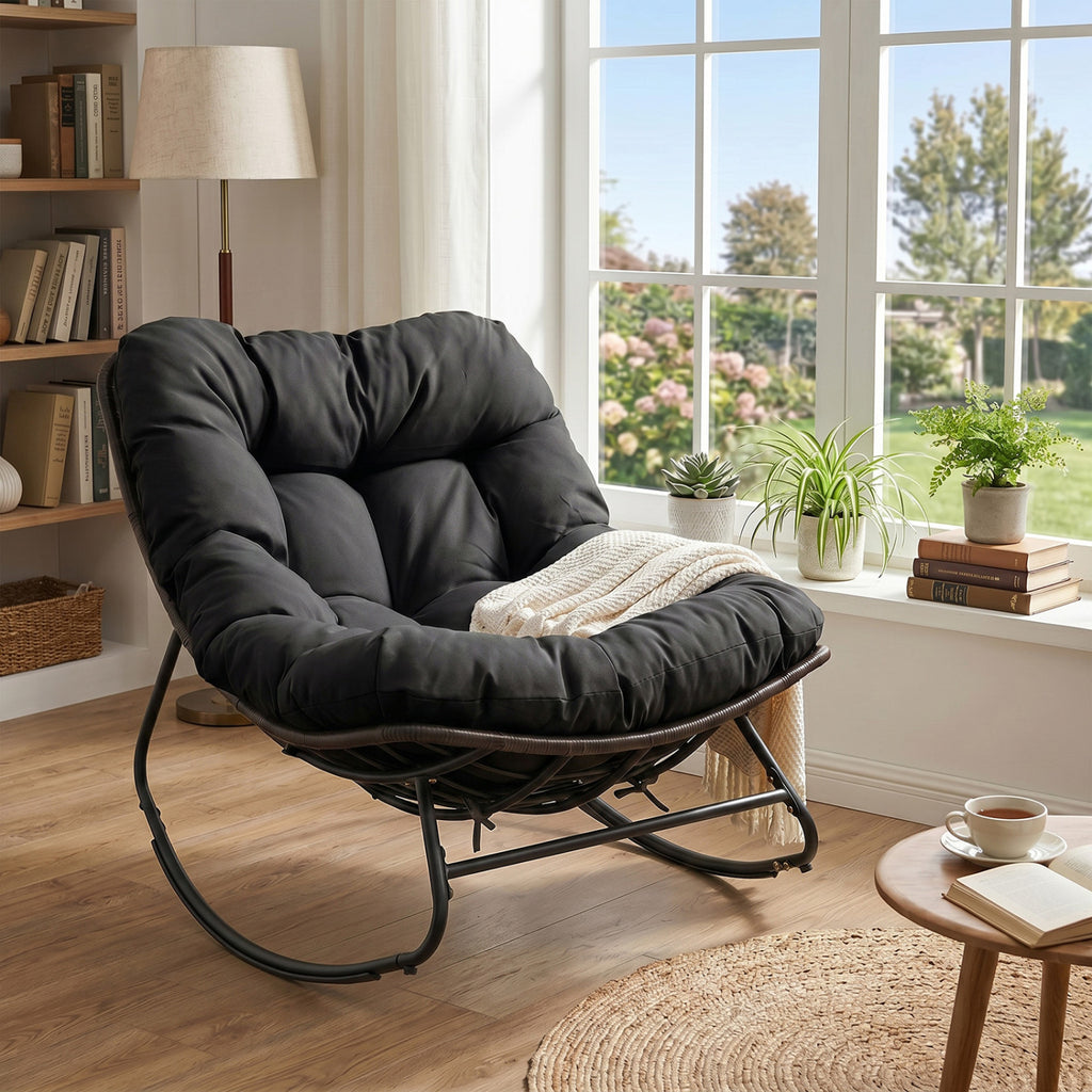 Outdoor Papasan Rocking Chair with Thick Cushion and Pads