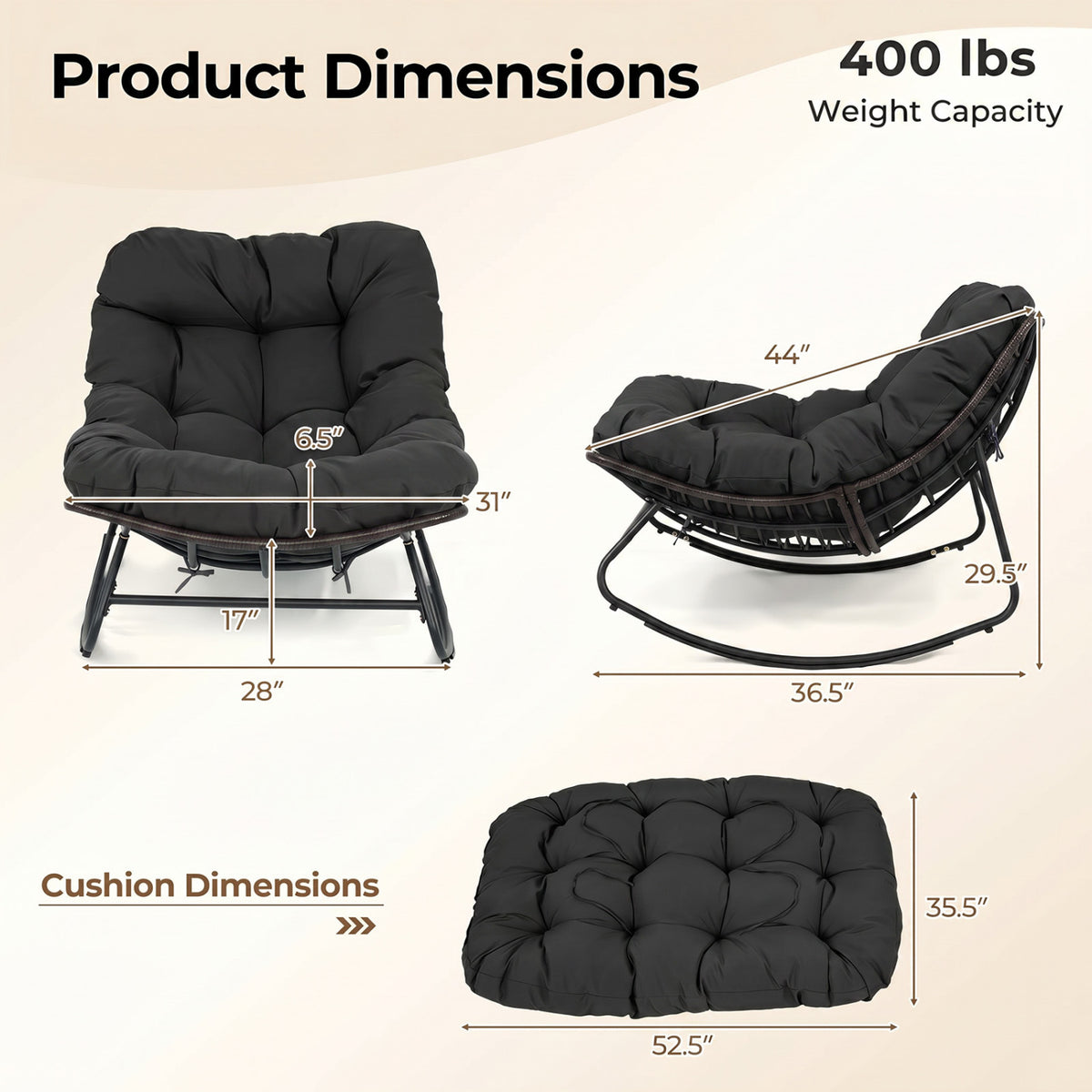 Outdoor Papasan Rocking Chair with Thick Cushion and Pads